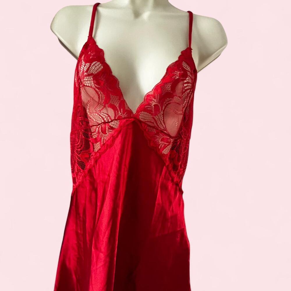 Red satin slip dress with